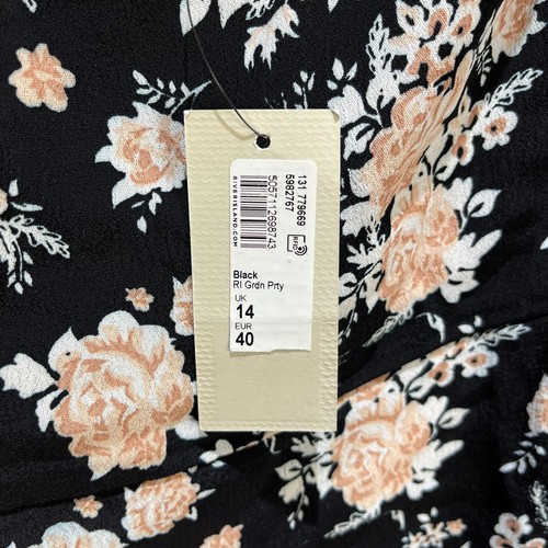 River Island Midi Dress 14 Black Floral Puff Sleeve Square Neck - Picture 7 of 15