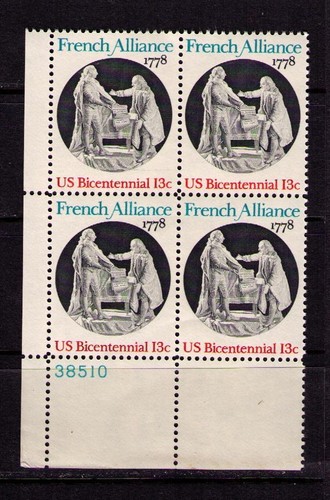 US USA Sc# 1753 MNH FVF PLATE# BLOCK French Alliance King Louis XVI Ben Franklin - Picture 1 of 1