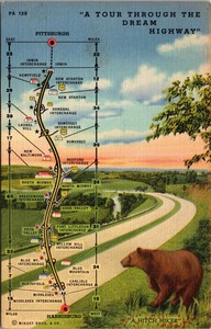 Pittsburgh-to-Harrisburg-Turnpike-Highway-PA-Bear-Postcard-unused-1930s-40s
