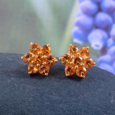 Natural Citrine Stud Earrings Flower Art Deco Statement 18k Gold