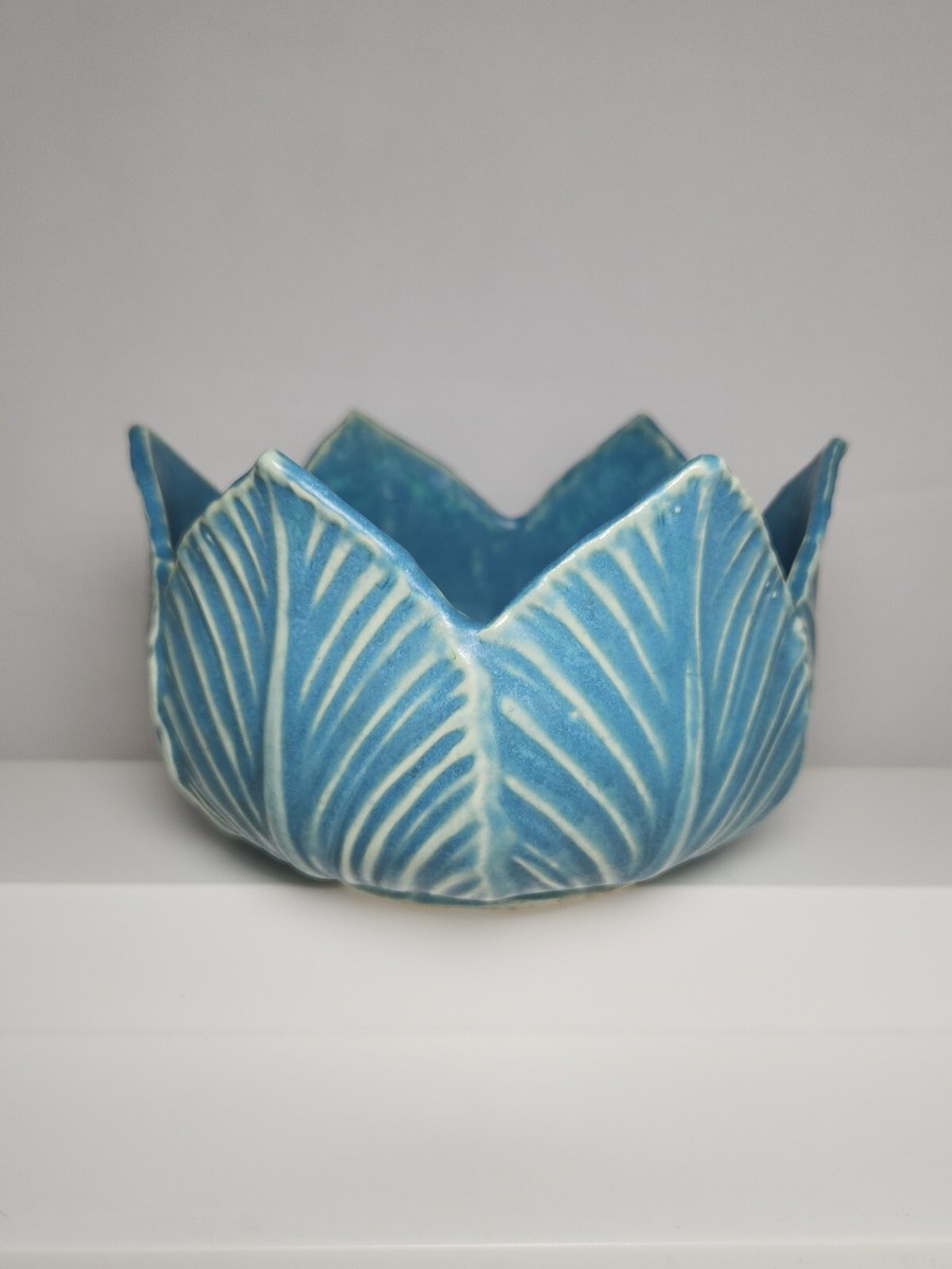 Vtg Made in Japan Bowl Planter Blue Lotus Flower Waterlily