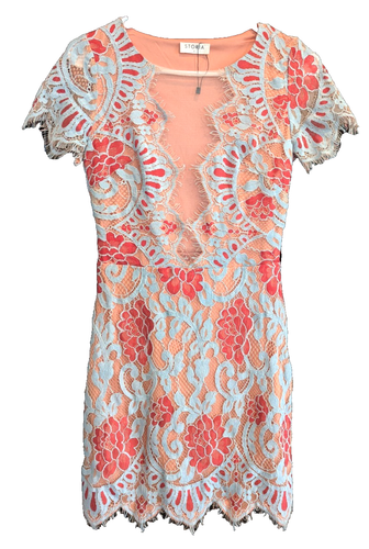 Storia Floral Lace Eyelash Dress Coral Pink Blue BodyCon Sheer Mesh Size Small