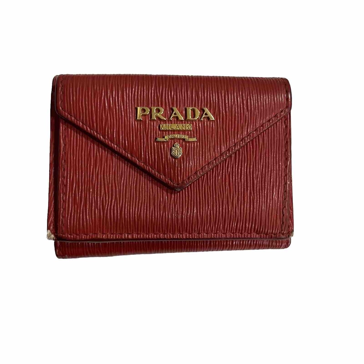 PRADA Compact Wallet Tri-fold Leather Red Gold Vitello Move