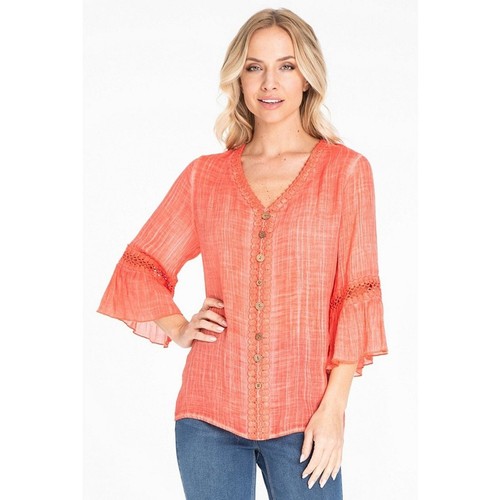 Ali Miles Crinkle Woven V-Neck Faux Button 3/4 Flounce Sleeve Blouse Size XL - Picture 2 of 10