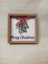 New! "Merry Christmas" Mistletoe 4" Frame Wood Sign Decor Holiday Winter Ribbon 