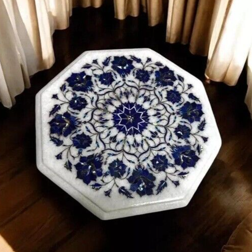15" Octagon White Marble Center Coffee Table Lapis Floral Inlay Arts Home Decors - Picture 5 of 8