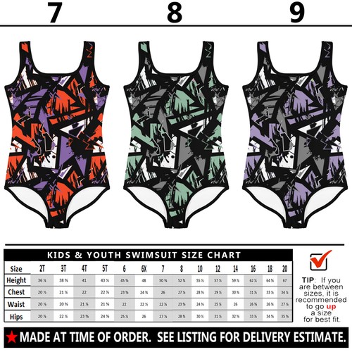 Kids Rock Star Swimsuit #1 - Baby Girl Teens Bathing Suit Geometric Abstract Art - Picture 24 of 30