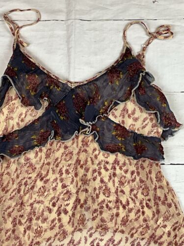 FREE PEOPLE Blue Beige Ruffle All Things Crinkle Chiffon Tank Top Large EUC - Picture 2 of 7