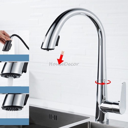 Kitchen Pull Out Spray Mixer Taps Monobloc Single Lever Swivel Spout Sink Faucet - Picture 9 of 11