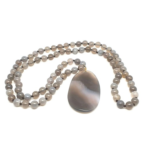 Necklace Grey Agate Pendant Long Beaded Gemstone Boho Chakra Crystal Handmade - Picture 6 of 33