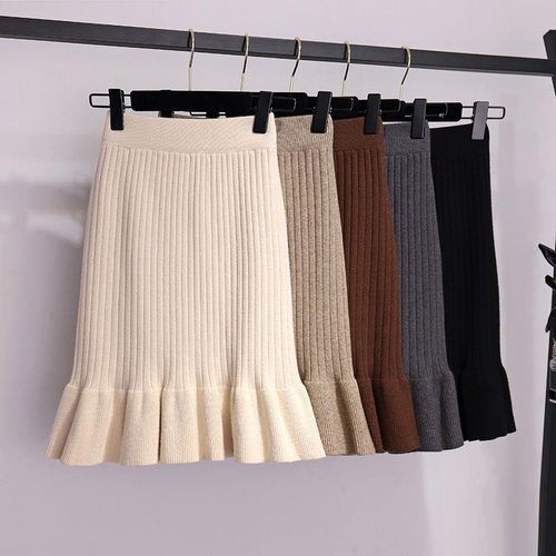 Damen schmaler Strick Midi Rock Rüsche Fischschwanz Rock elastische Taille halber Anzug Rock - Bild 6 von 28
