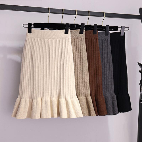 Women Knit Midi Skirt Ruffle Fishtail Skirt Elastic Waist Half Dress Slim - Picture 1 of 18