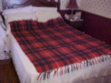 VINTAGE WOOL BLANKET, RED WHITE and GREEN PLAID DESIGN