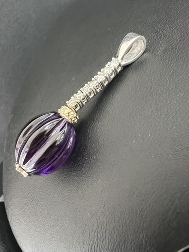 Colgante de gota de amatista diamante redondo G/VS oro blanco de 14K natural 0,27QUIT 6,3GR NUEVO - Imagen 7 de 17