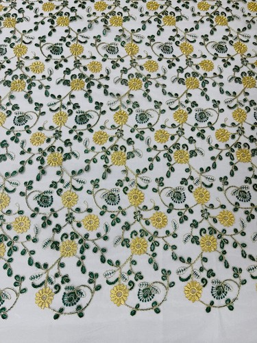 Floral Lace Fabric Yard - Metallic Gold Flowers With Green Leaves White on Tulle - Picture 4 of 6