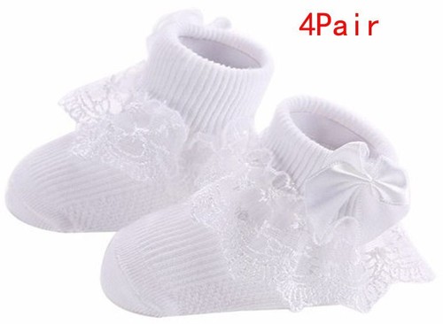 4 Pairs Lace Bow Socks - Infant Short Cotton Footwear Newborn Baby Foot Wears - Picture 10 of 24