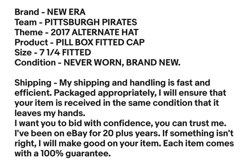 New Era PILL BOX MLB 2017 Alternate PITTSBURGH PIRATES Gorra ajustada de béisbol 7 1/4 - Imagen 10 de 10