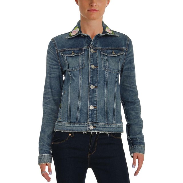 Logophile Womens Blue Embroidered Light Wash Denim Jacket Outerwear S BHFO 1958