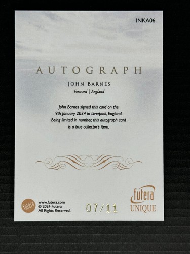 2024 Futera Unique Nostalgia On-Card Auto Ink Gold John Barnes 07/11 - Picture 2 of 2