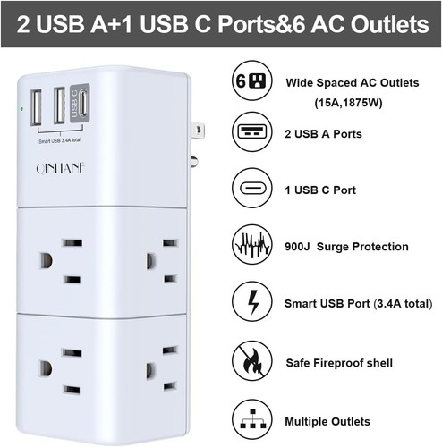 Wall Outlet Extender, Multi Plug with Rotating Plug, 6 AC Outlets, 3 USB Ports - Picture 3 of 8