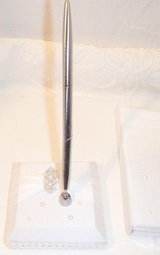 White Satin & Faux Pearl Wedding Guest Book with Silver Tone Pen Set 9.5" x 6.5" - Picture 2 of 5