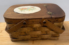 Vintage Woven Wood Wicker Picnic Baskets Hinged Lid Top Wood Handle Utensils Box