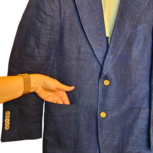 Suitsupply Giacca Blazer Uomo Blu Scuro Lino Angelico Peak Bavero Avana Tg 38 - Foto 3 di 20