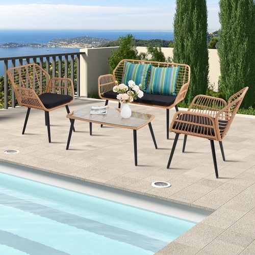 Wicker 4 Pieces Patio Furniture Set Sofa Chair PE Rattan Outdoor Poolside Yard - Picture 3 of 10