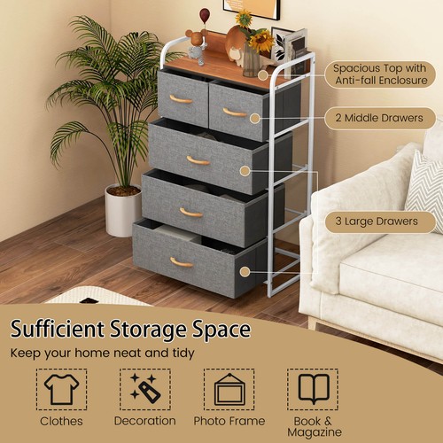 Costway 5-Drawer Dresser Storage 4-Tier Organizer Tower Steel Frame Wooden Top - Picture 8 of 10