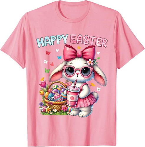 Cute Easter Bunny drinking Ice coffee Easter Bow Women Girl T-Shirt Hoodie - Picture 17 of 18