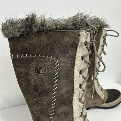 SOREL Cate the Great Tall Faux Fur Leather Waterproof Winter Boots Stone Sz 8 - Picture 5 of 10
