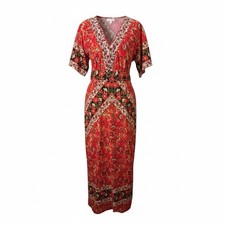 Xhilaration Red Boho Floral Maxi Dress Open Back Tie Slit Sides Size Medium