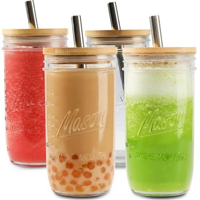 Mason 4 Pack Reusable Tea Cups, Glass Jars 24oz Wide Mouth Smoothie Cups with...
