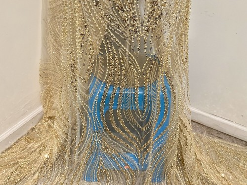 GOLD Heavy Beaded Sequins Embroidery Lace Fabric 50” Width SOLD BY THE YARD - Picture 4 of 6