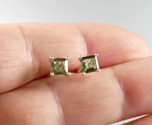 Faceted Moldavite 5mm Square Cut Sterling Silver Stud Earrings | COA & Gift Box - Picture 2 of 10