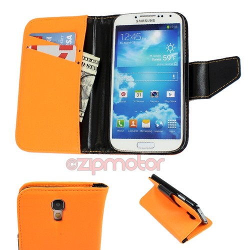 2 WALLET CASE COVER+SCREEN PROTECTOR STAND PU LEATHER ORANGE GALAXY SIV S4 I9500 - Photo 2 sur 2