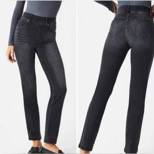 NEW SPANX VINTAGE BLACK STRAIGHT LEG DENIM STRETCH SLIMMING JEANS POCKETS SZ XL - Picture 1 of 14