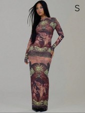 Shein Women's S Multicolor Graphic Print Long Sleeve Bodycon Maxi Dress
