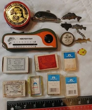 Vintage Fishing Accessories: Hook Boxes, Line, Scale, Fish Badges. 007