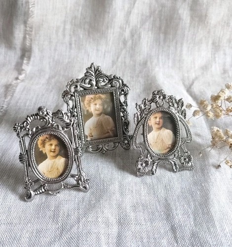 Three Miniature Antique Style Silver Tone Metal Photo Frames