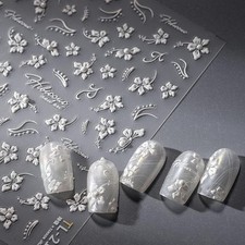 White Hibiscus Flower Nail Stickers 5D Embossed Self-Adhesive Floral Pearl