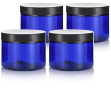 6 oz Cobalt Blue PET Plastic Jar With Black Smooth Lids 4 pack