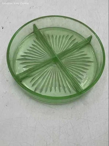 Vintage Fenton Green Uranium Vaseline Depression Glass Divided Serving Dish