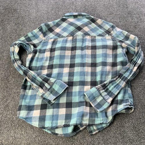 Volcom Flannel Shirt Women’s Large Blue White Plaid Long Sleeve Button Up Surf - Picture 2 of 12