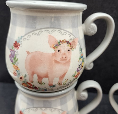 Pioneer Woman Grey Gingham Country Farm Pink Pig Coffee Mugs + More - Picture 4 of 17