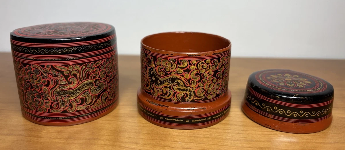 ビルマ（ミャンマー）1970年代 漆芸 重箱 手描き装飾文様 円形蓋物 缅甸古董盒| eBay