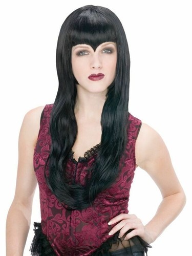 Black Vampiress Wig w/ V Widows Peak bangs Gothic Vampire Queen Morticia Addams - Picture 11 of 11