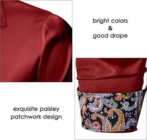 AUMELR Mens Shirts Long Sleeve Silk Satin Dress Shirts Paisley Patchwork Tops Sl - Picture 7 of 8