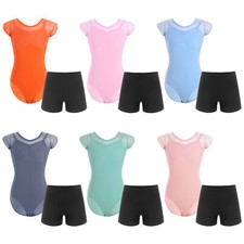 Kids Girls Ballet Sparkly Dance Sheer Leotard With Shorts Suit Outfits Practice