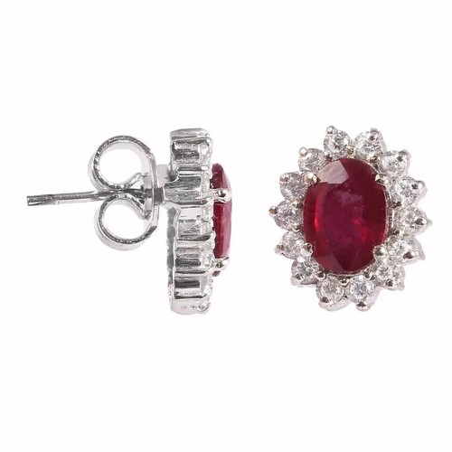 2CT Oval Cut Lab Created Red Ruby Women Halo Stud Earrings 14K White Gold Plated - Picture 3 of 6
